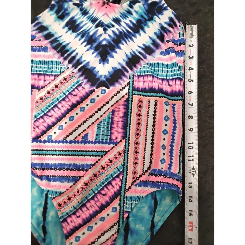 Justice Girls Reversible‎ One Piece Swimsuit Tie Dye Tribal Blue Pink Size 12